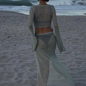 Knitted Crochet Beach Cover Ups Swimsuit Two Pieces Bathing Suit Women Sexy Long Sleeve Hollow Crop Tops Split Maxi Skirts