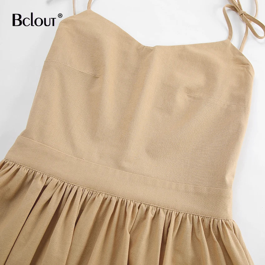 Bclout Fashion Brown Linen Long Dress Women 2024 Elegant Lace-Up Pockets A-Line Dresses Summer Sexy Backless Party Pleated Dress