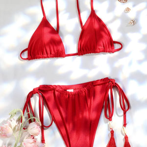 String Swimsuit Sexy Bikinis Tassels Swimwear Women 2024 Bikini Set Solid Color Bath Suits Brazilian Biquini Triangle Beachwear