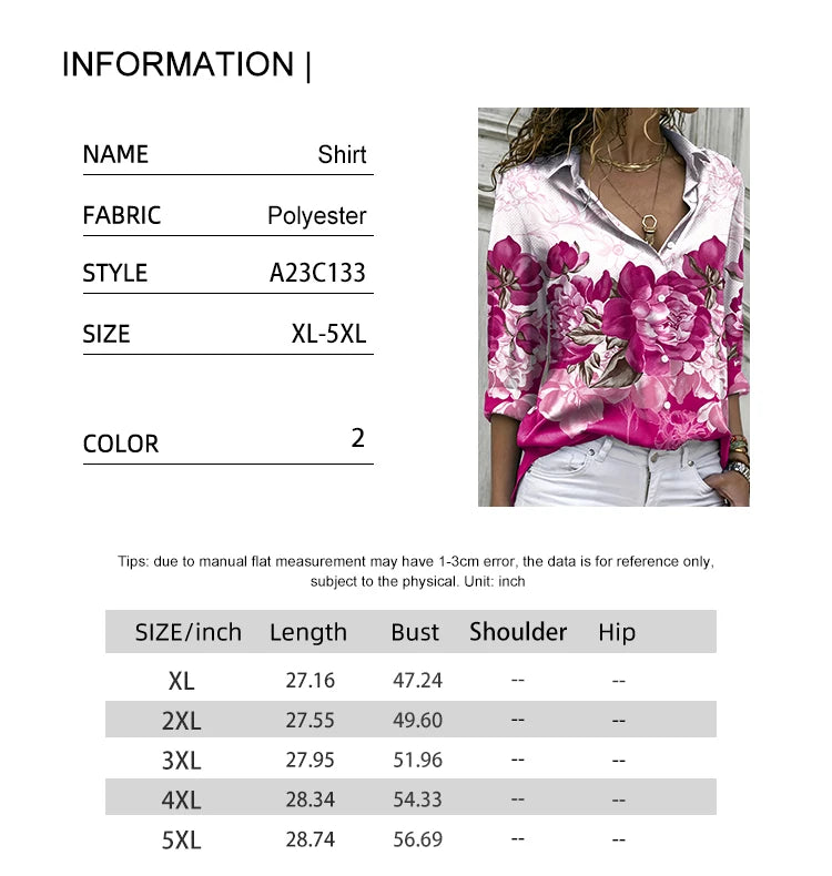 Plus Size 2024 Summer New Women's Printed Pattern Shirt Single Row Button Lapel Long Sleeve Shirt Polyester Material