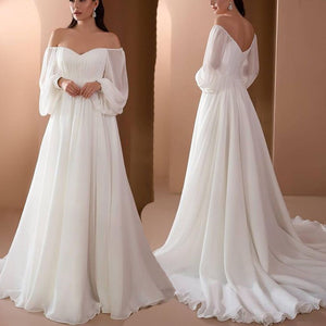 2022 Fashion Autumn Long Sleeved Off The Shoulder White Floor Length Evening Dresses Female Sexy Wedding Party Gowns Prom Robes