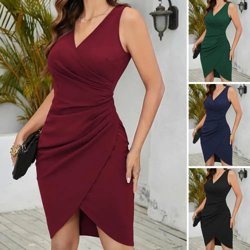 Women Dress V Neck Pleated High Tight Waist Slim Sleeveless Irregular Hem Cocktail Dresses Ruched Bodycon Party Evening Dresses