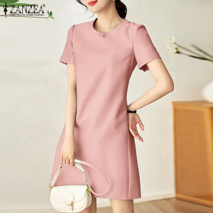 ZANZEA Summer Fashion OL Work Dress Woman Short Sleeve O-Neck Dresses Elegant Solid Knee Length Robe Casual Street Sundress 2023