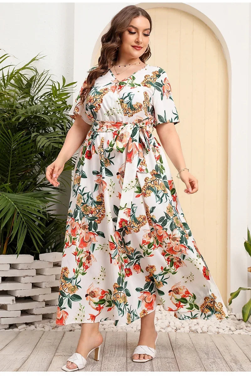 plus size New best-selling oversized loose V-neck dress for women with elastic waist  short sleeved printed long skirt