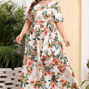 plus size New best-selling oversized loose V-neck dress for women with elastic waist  short sleeved printed long skirt