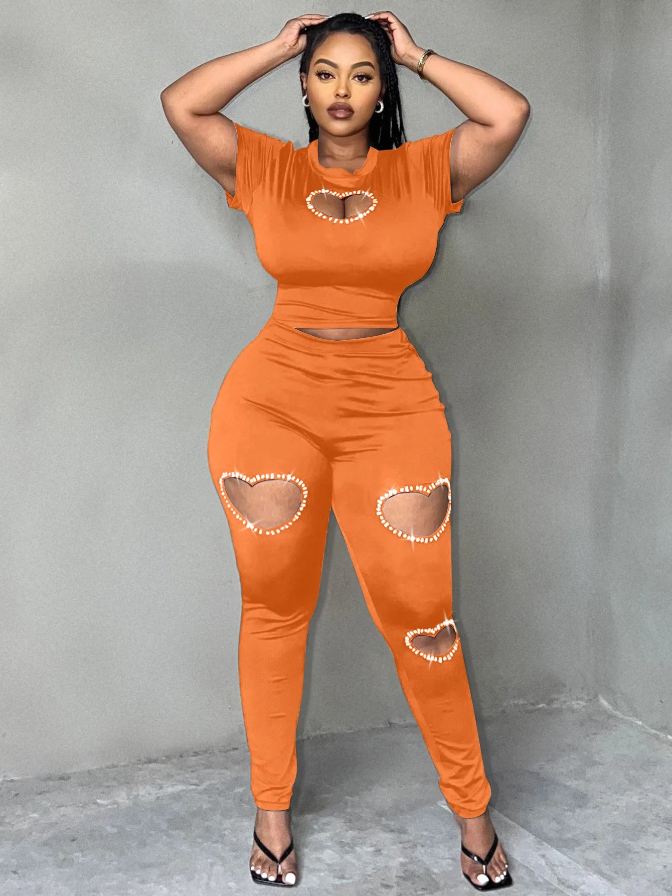 LW Plus Size Two pieces sets short sleeve Rhinestone top + Heart Cut Out Pants Set casual women‘s matching suit Autumn NEW