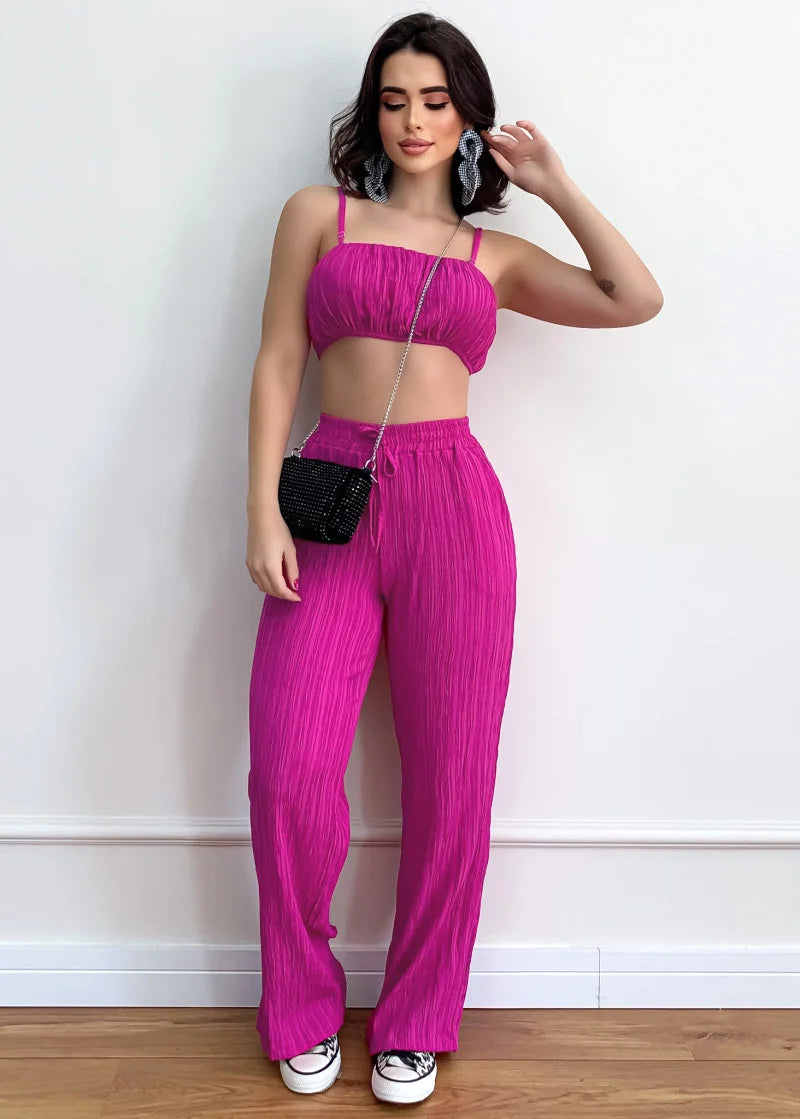 Women's Pleated Black Wide Leg Pants Set Sexy Drawstring Tracksuits Jogging Suit Short Top Streetwear Summer Outfits Y2k Clothes