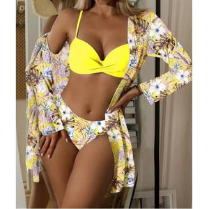 Floral Print 3 Pieces Swimsuit Women Strappy Bikini Set+Long Sleeve Blusas Cover-Up Swimwear Sexy Low Waist Push Up Bathing Suit