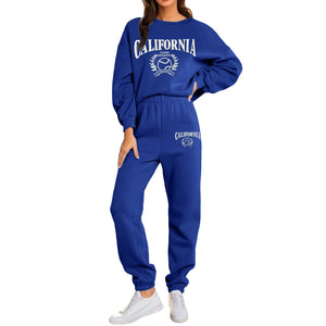 Women'S Two Piece Sweatsuit Long Sleeve Crew Neck Tracksuit Jogger Pants Set With Pockets Printed Loose Sports Sweatshirt