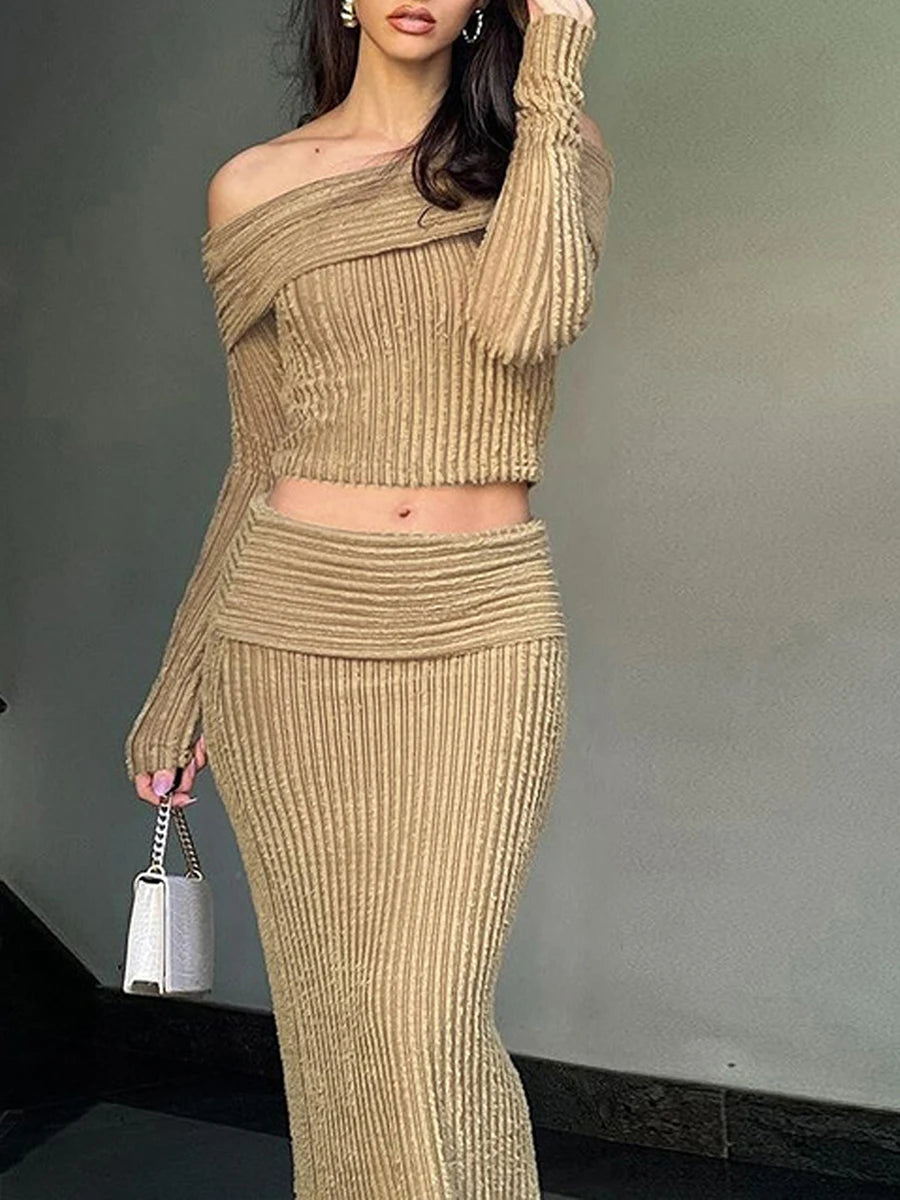 New Fashion Women Ribbed Knit Set Off-Shoulder Long Sleeve Crop Tops Bodycon Skirt 2-Piece Folding Outfits S M L