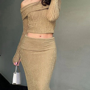 New Fashion Women Ribbed Knit Set Off-Shoulder Long Sleeve Crop Tops Bodycon Skirt 2-Piece Folding Outfits S M L