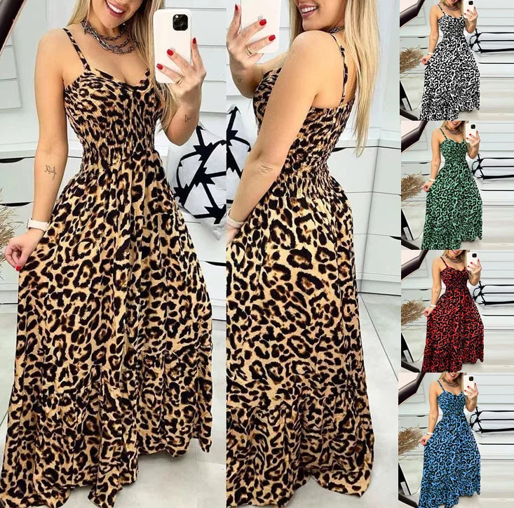 Summer new leopard print camisole V-neck dress high waisted skirt sexy temperament  long skirt women's clothing plus size