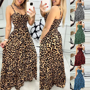 Summer new leopard print camisole V-neck dress high waisted skirt sexy temperament  long skirt women's clothing plus size