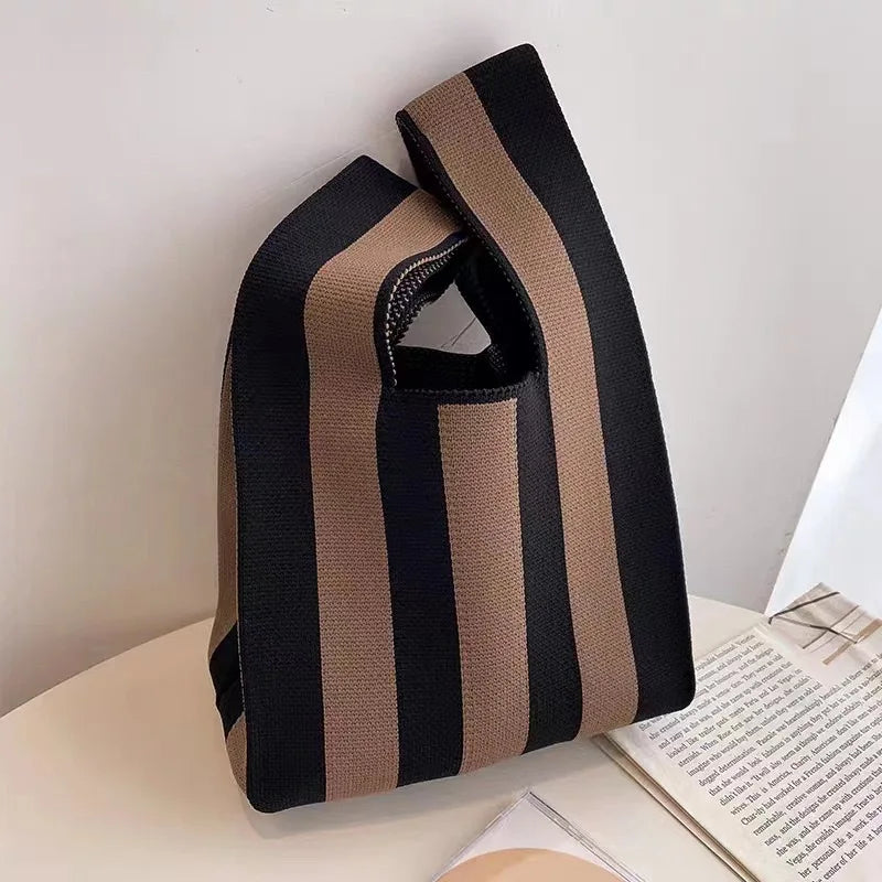 Women'S Knot Wrist Bag Tote Handmade Knitted Bag Portable Mini Striped  Bucket Phone Bags Large Capacity Autumn Winter Handbags