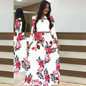 Women's Autumn Printed Long Sleeved Slim Fit Vestido 2024 Fashion Round Neck Flower Hollow Maxi Dresses Roupas Mujer 5XL