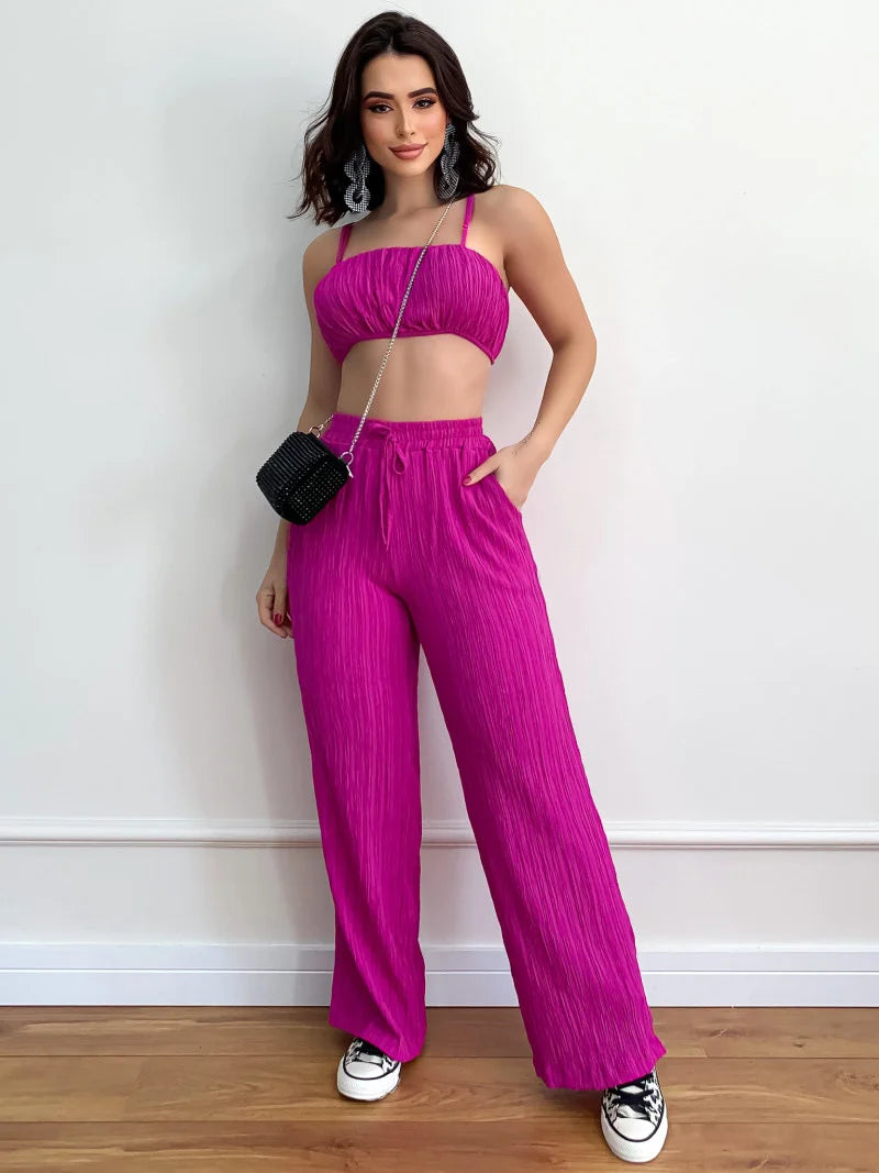 Women's Pleated Black Wide Leg Pants Set Sexy Drawstring Tracksuits Jogging Suit Short Top Streetwear Summer Outfits Y2k Clothes