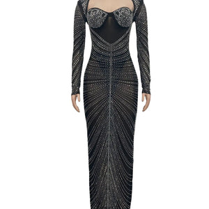 Mozision Glitter Mesh See Through Party Maxi Dress For Women Fashion Full Sleeve Bodycon Sexy Club Long Evening Dress Vestido