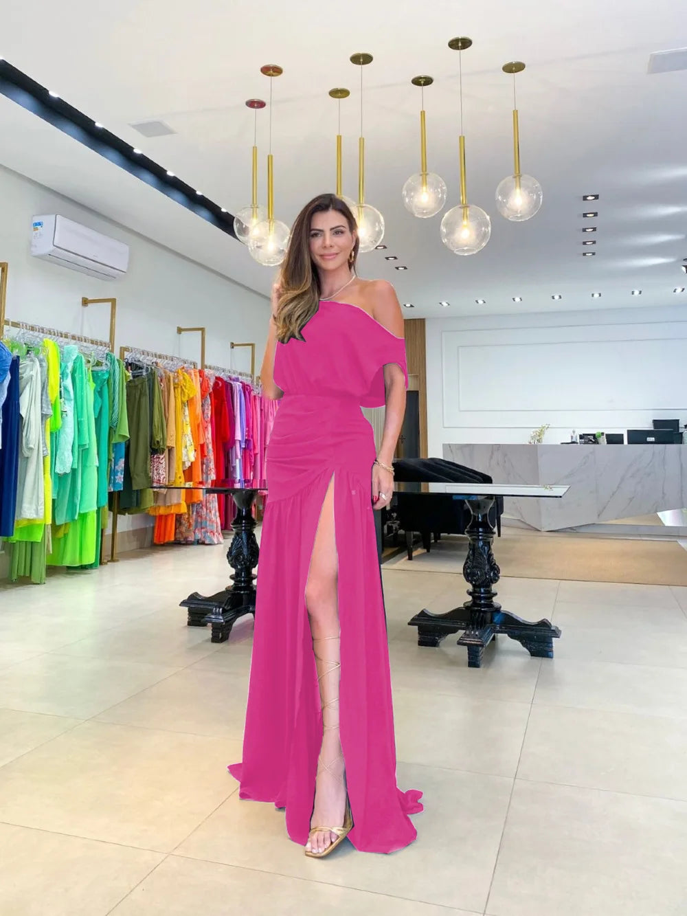 Summer Fashion Elegant Oblique Neck Split Evening Dress Women Sexy Off Shoulder Solid Split Dress Women