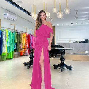 Summer Fashion Elegant Oblique Neck Split Evening Dress Women Sexy Off Shoulder Solid Split Dress Women