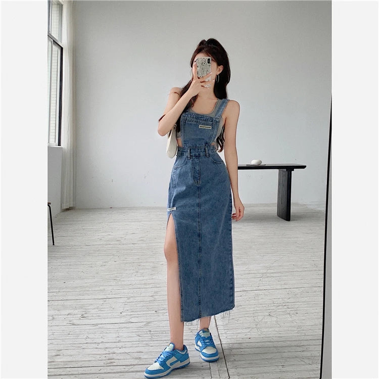 Sleeveless Women Denim Suspender Dress Spring New Midi Skirt Blue Korean Fashion Polo Collar Streetwear Female Braces Slit Dress