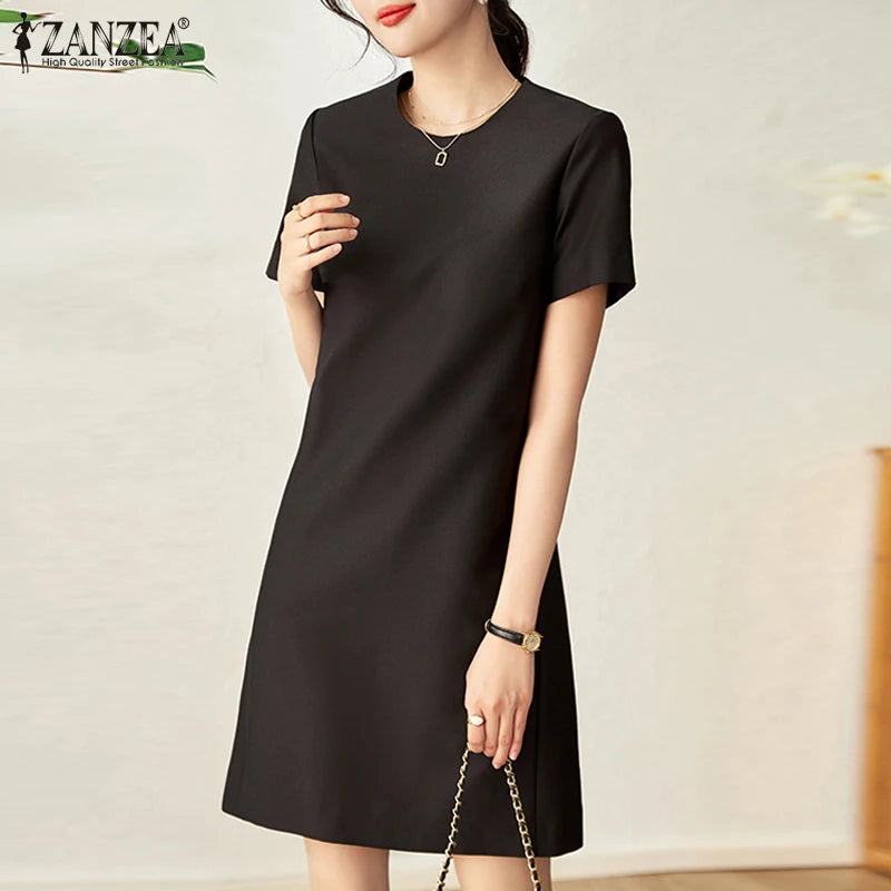 ZANZEA Summer Fashion OL Work Dress Woman Short Sleeve O-Neck Dresses Elegant Solid Knee Length Robe Casual Street Sundress 2023