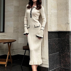 Tossy Ruffled Fashion Knit Dress Women Autumn Ribbed Contrast Long Sleeve High Waist Lapel Gown Dress Knitwear Ladies Maxi Dress