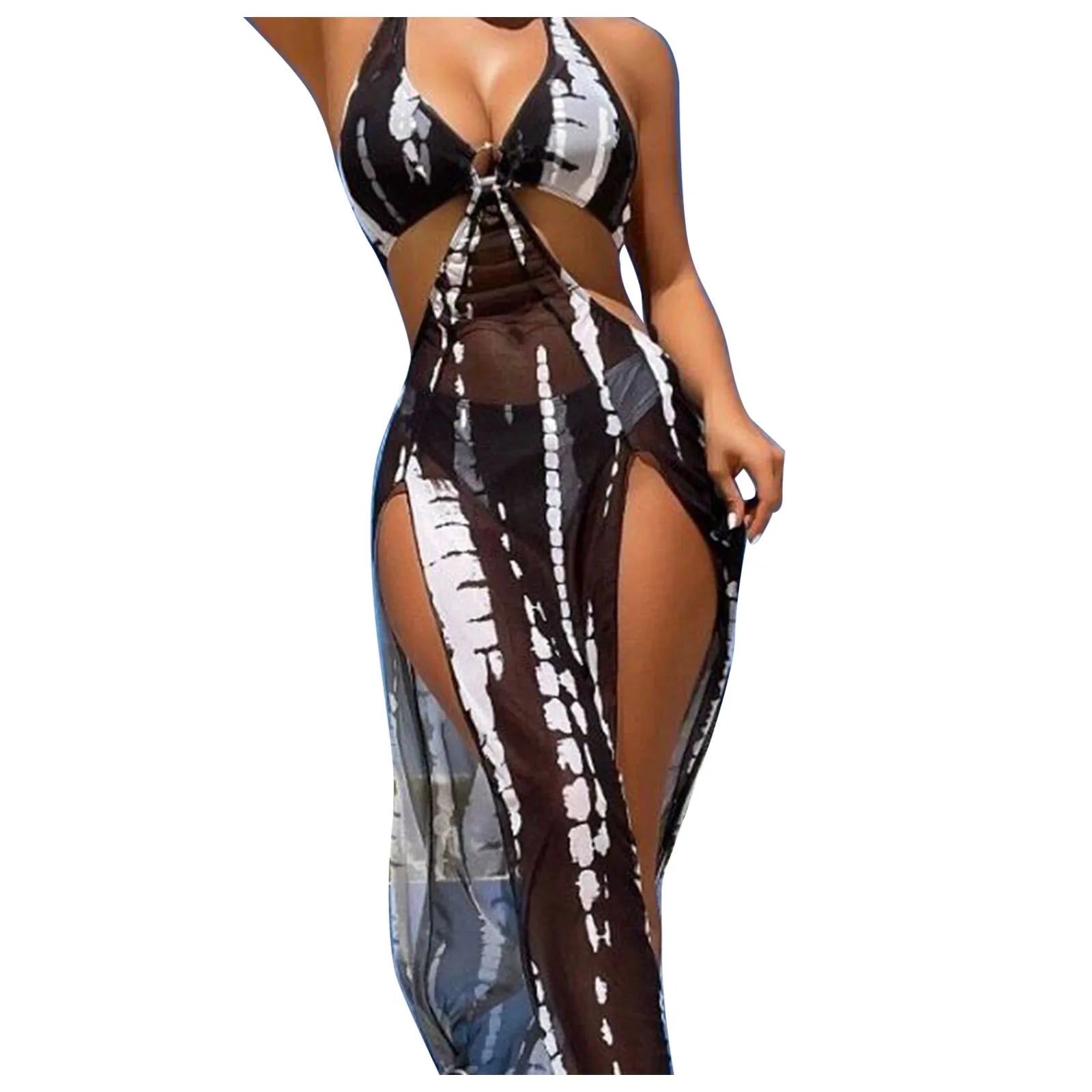 3 Pieces Halter Ring Link Bikini 2024 Women Cut Out Side Cover Up Dress Hollow Out Swimsuit Bathing Suit Female Sexy Swimwear