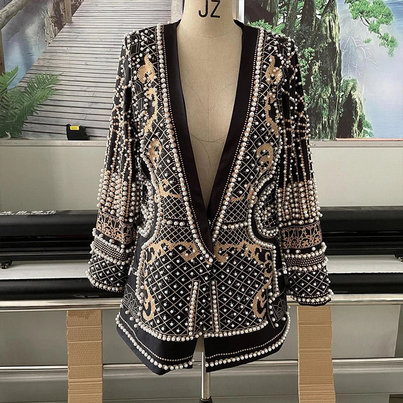 Women Suit Jacket V-Neck Long Sleeved Bubble Bead Print Retro Plus Size Fashion Trend Versatile Loose Comfortable Suit Overcoat