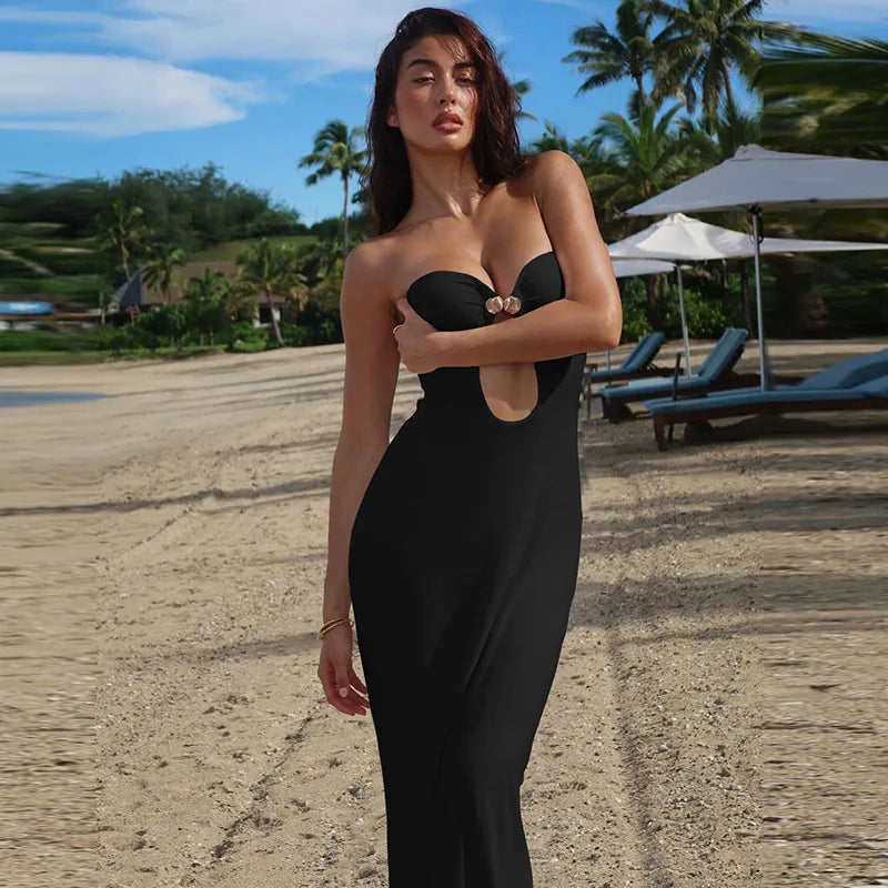 Mozision Metal Button Strapless Backless Long Dress Women Fashion Hollow Out Off-shoulder Sleeveless Bodycon Party Midi Dress