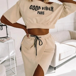 LW Plus Size Two Piece Good Viber One Shoulder Letter Print Set Crop Top+High Split Skirt Elegant Matching Outfits For Women