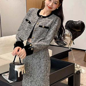 Women’s Trendy Tweed Two-Piece Set Vintage Chic Single Breasted Cropped Blazer Jacket+Long Skirt Suit Small Fragrant Outfits