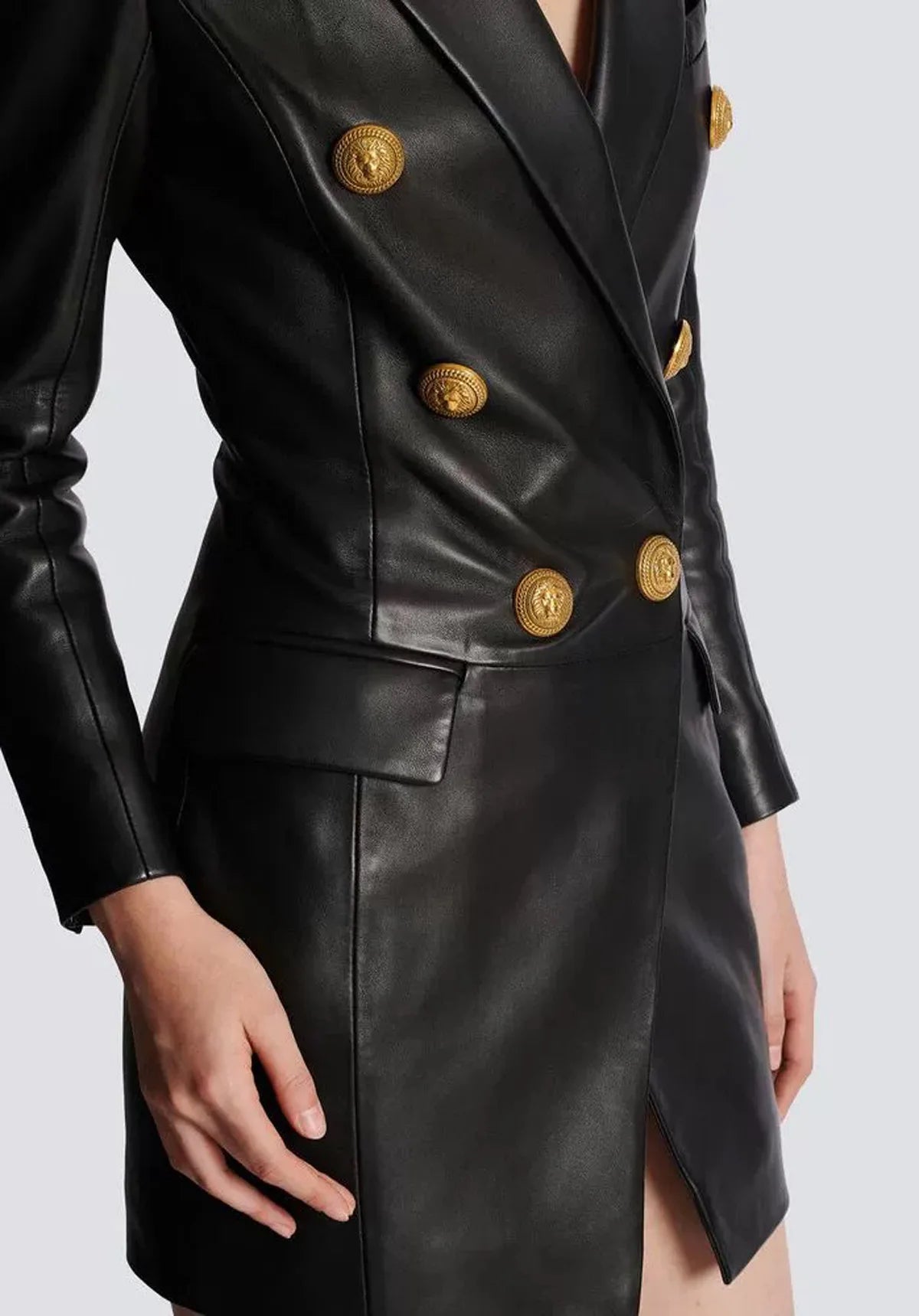 HIGH STREET Newest Fashion 2024 Designer Women's Lion Metal Buttons Faux Leather Blazer Dress