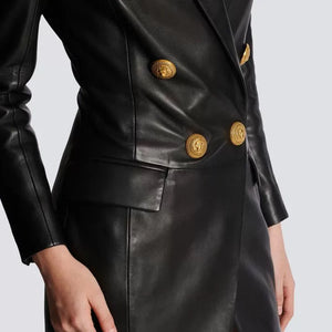 HIGH STREET Newest Fashion 2024 Designer Women's Lion Metal Buttons Faux Leather Blazer Dress