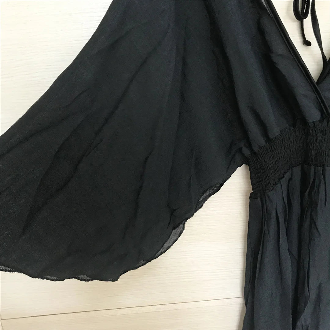 New Sexy V Neck Long Sleeve Backless Chiffon Tunic Beach Cover Up Beach Cover-ups Beach Dress Beach Wear Beachwear V3840