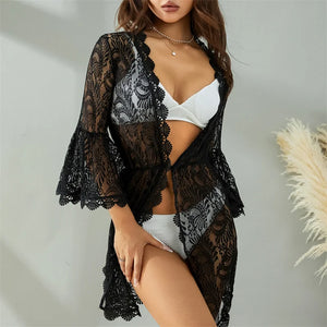 Lace Bikini Cover Up Knit Crochet Floral Sexy Bathing Swimwear See-Through V-Neck Tunic Dress Beachwear Women Robe Outfit Hot