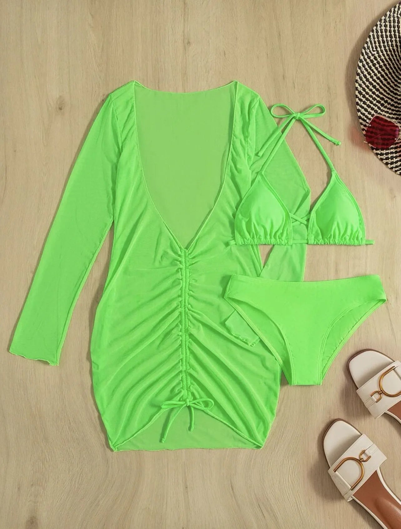 Long Sleeves Dress Bikini Set 2024 Women Neon Green Lace Up 3 Pieces Swimsuit Brazilian Bathing Suit Pleate Cover Up Swimwear