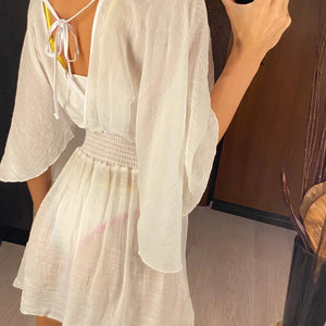 New Sexy V Neck Long Sleeve Backless Chiffon Tunic Beach Cover Up Beach Cover-ups Beach Dress Beach Wear Beachwear V3840