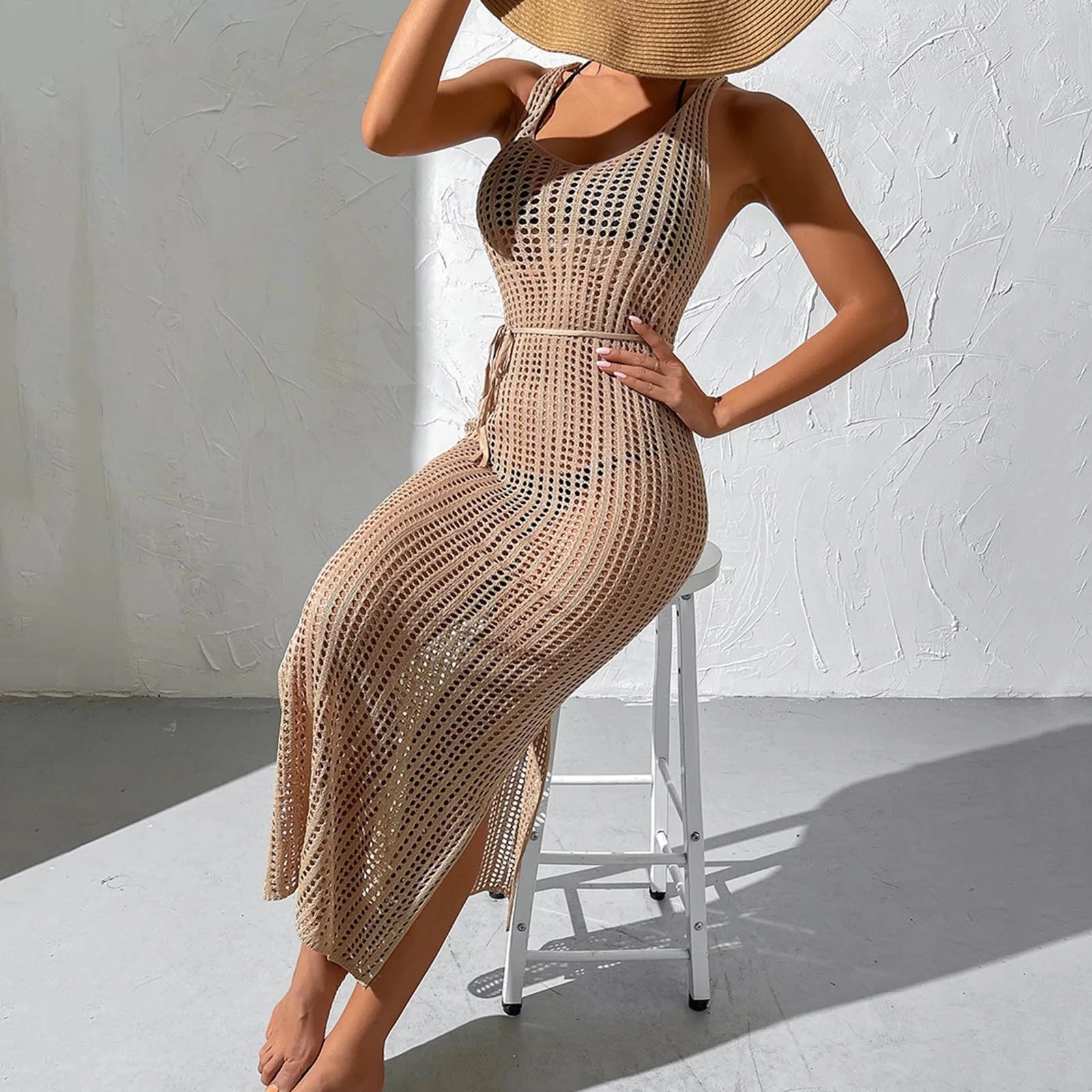 Summer Crochet Hollow Out Beach Dress Womens Swimwear Loose Solid Pareo Sexy Split V Neck Backless Strap Vestidos Beach Cover Up