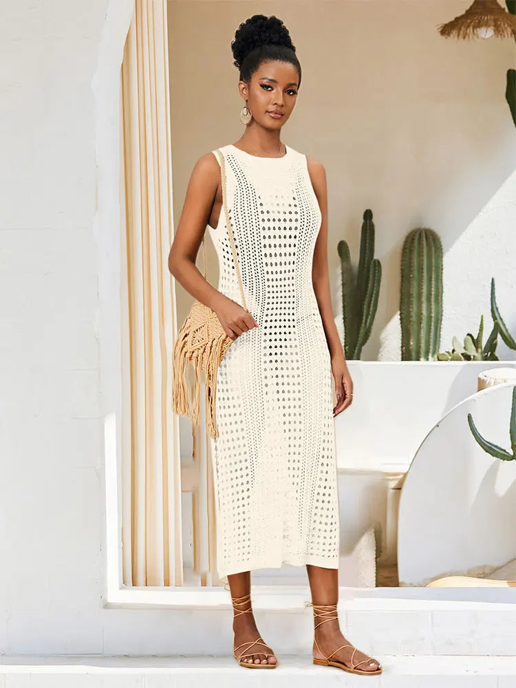 White Crochet Mesh Sleeveless Slit Wrap Beach Dress 2023 Autumn Woman Sexy Hollow Out Knitted Beachwear Swimsuit Cover-ups Q1513