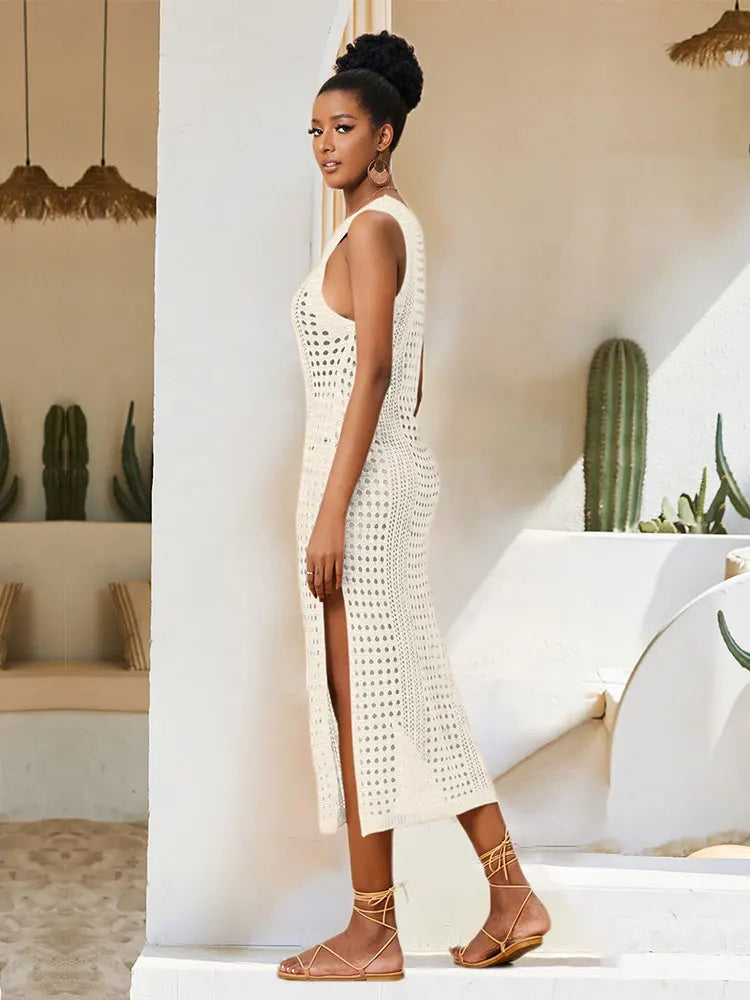 White Crochet Mesh Sleeveless Slit Wrap Beach Dress 2023 Autumn Woman Sexy Hollow Out Knitted Beachwear Swimsuit Cover-ups Q1513