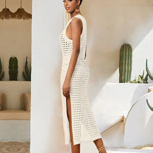 White Crochet Mesh Sleeveless Slit Wrap Beach Dress 2023 Autumn Woman Sexy Hollow Out Knitted Beachwear Swimsuit Cover-ups Q1513