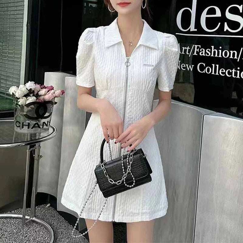 Summer Fashion Retro French Style Black White Chic Elegant Dresses for Women Casual Zipper Short Sleeve Slim Midi Dress Vestidos