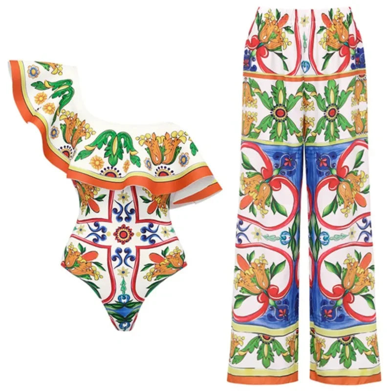 Retro Bikini Printed Fashion Two Piece Swimsuit And Cover Up With Pants Tight Women's Bandage Summer Beach Luxury Elegant