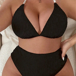 2024 Women Large Size Swimsuit Black White Pearls Strap Push Up High Waist Bikini Set Summer Beach Bathing Suit Swimwear Tankini