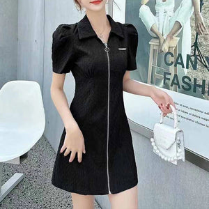 Summer Fashion Retro French Style Black White Chic Elegant Dresses for Women Casual Zipper Short Sleeve Slim Midi Dress Vestidos