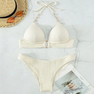 New Sexy Split Solid Color Bikini Striped Pearl Neck Swimsuit