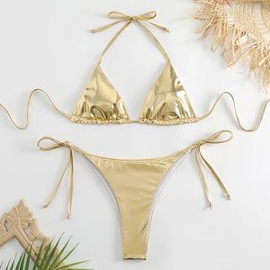 Sexy Brozing Gold Bikinis Sets Women Push Up Micro Bikini Swimsuit 2024 Brazilian Beach Bathing Suit Tie Side Triangle Swimwear