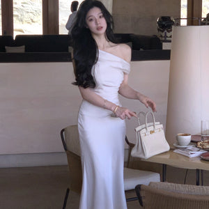 Women Elegant Solid Evening Party Dresses Summer Fashion Korean Graduation Formal Dress Off Shoulder Slim Vestidos Clothing