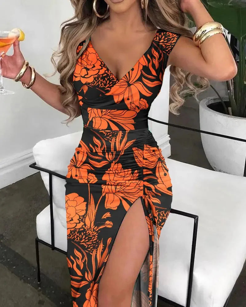 Summer Women Print Dress Fashion Casual Elegant V-neck Sleeveless Bodycon Beach Party Dresses Robe Femme 2024 New Vestidos