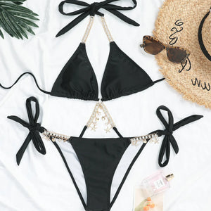 Sexy Crystal Diamond Solid Bikini 2022 Women Halter Bandeau Swimsuit Female Brazilian Swimwear Thong Bikini Set Bathing Suit